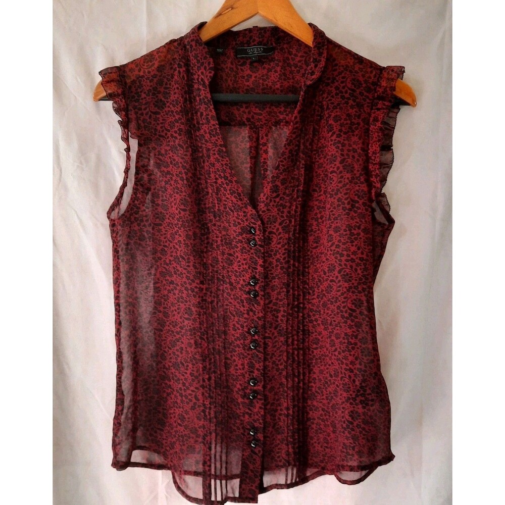 Guess Womens L Sheer Maroon Black Lepord Print Sleeveless Ruffled Cap Sleeves